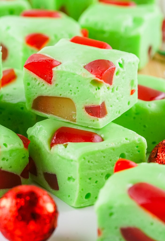 green candy squares with red chunks inside