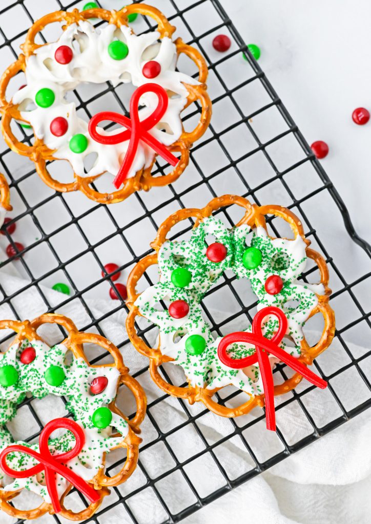 decorated pretzels on rack